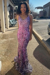 Hot Pink Prom Dress Sequined Mermaid Backless Long Evening Dress